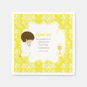 First Communion Brunette Boy Yellow Damask Napkins
