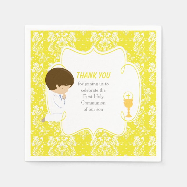 First Communion Brunette Boy Yellow Damask Napkins (Front)