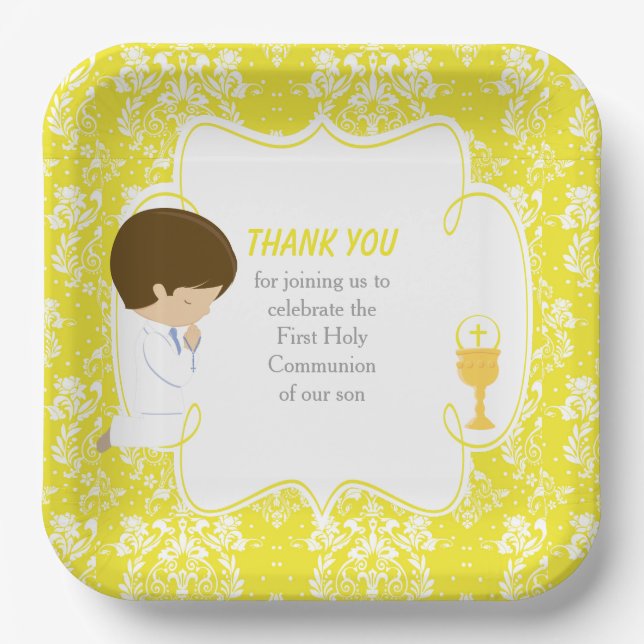 First Communion Brunette Boy Yellow Damask Paper Plates (Front)