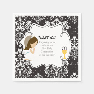 First Communion Brunette Girl Black Damask Napkins