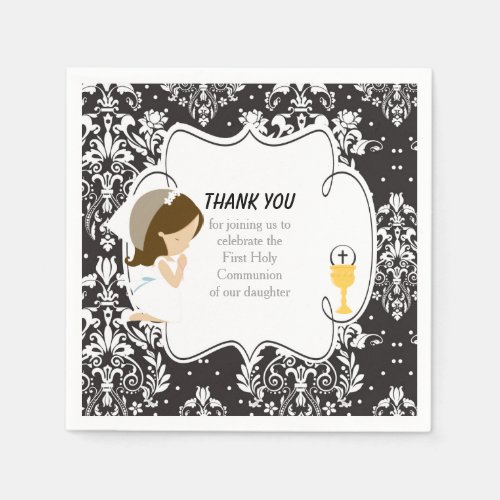 First Communion Brunette Girl Black Damask