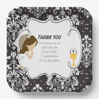 First Communion Brunette Girl Black Damask Paper Plates