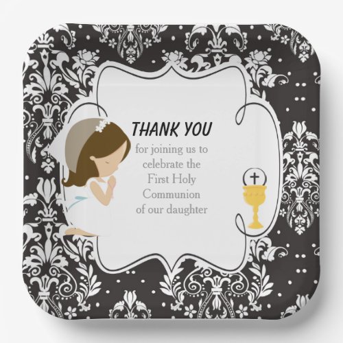 First Communion Brunette Girl Black Damask