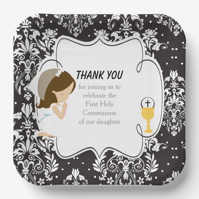 First Communion Brunette Girl Black Damask Paper Plates (Front)