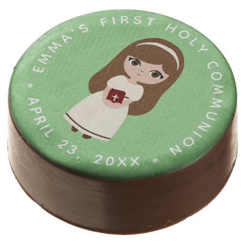 First Communion Brunette Girl Brown Hair Green Chocolate Covered Oreo