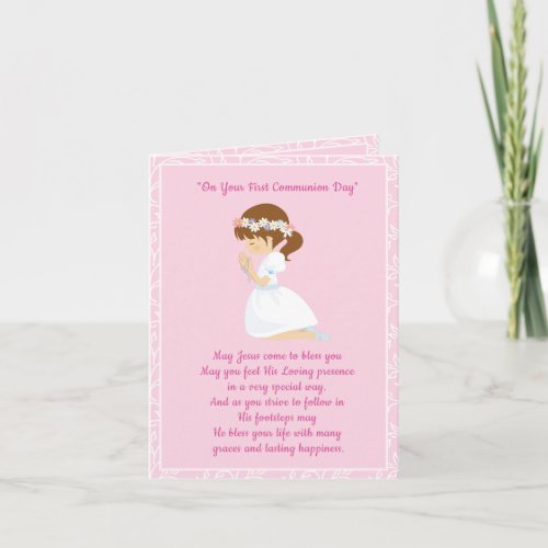 First Communion Brunette Girl Card