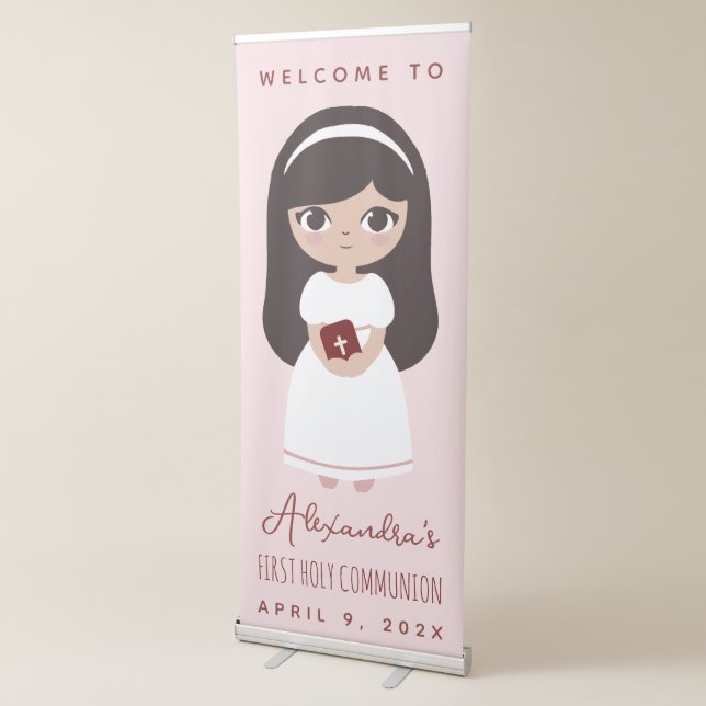 First Communion Brunette Girl Cute Pink Welcome  Retractable Banner (3/4)
