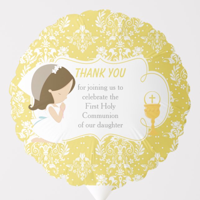 First Communion Brunette Girl Gold Damask Balloon (Front)
