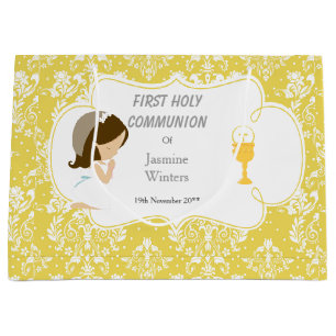 First Communion Brunette Girl Gold Damask Large Gift Bag