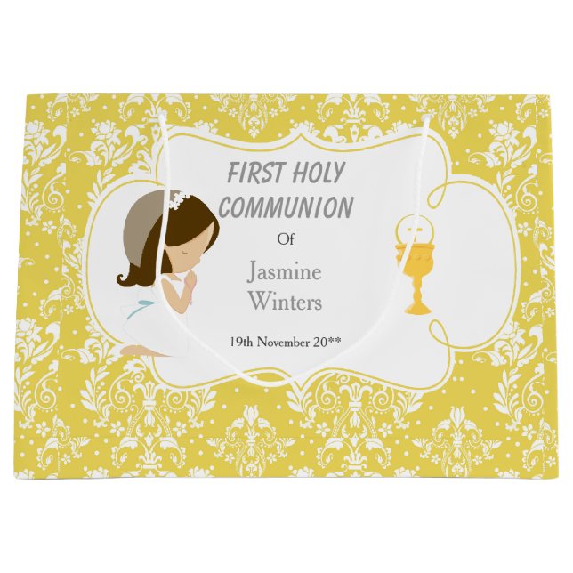 First Communion Brunette Girl Gold Damask Large Gift Bag (Front)