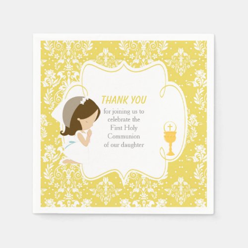 First Communion Brunette Girl Gold Damask