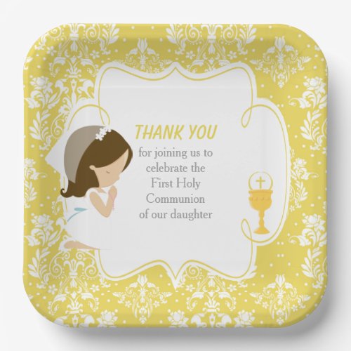 First Communion Brunette Girl Gold Damask