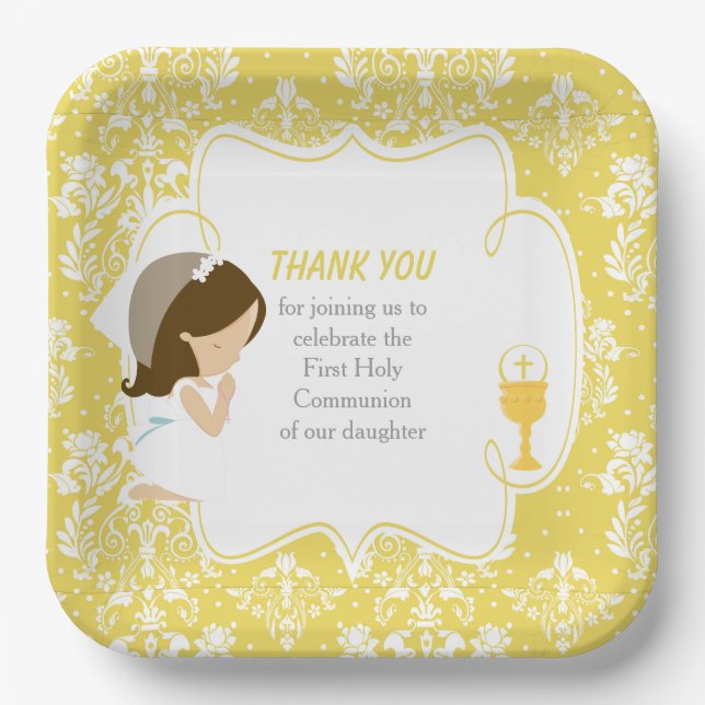 First Communion Brunette Girl Gold Damask Paper Plates (Front)