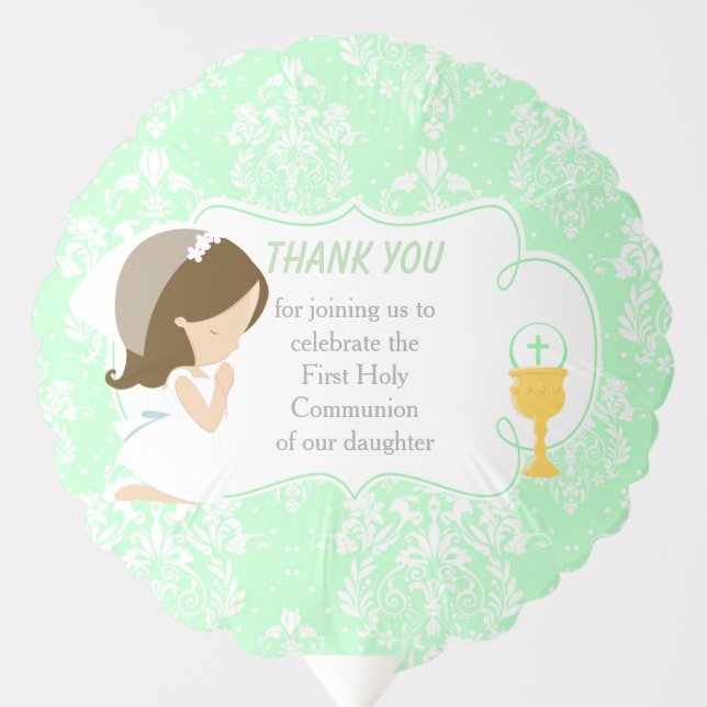 First Communion Brunette Girl Green Damask Balloon (Front)