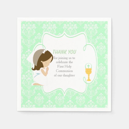 First Communion Brunette Girl Green Damask