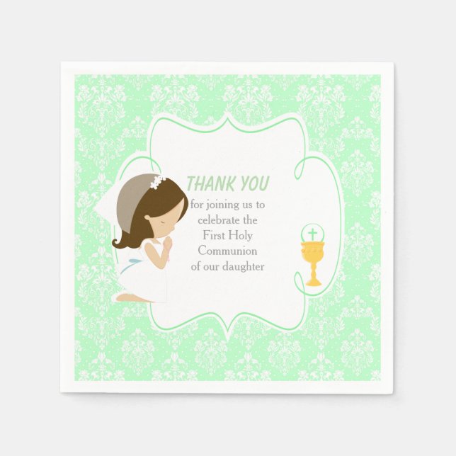 First Communion Brunette Girl Green Damask Napkins (Front)