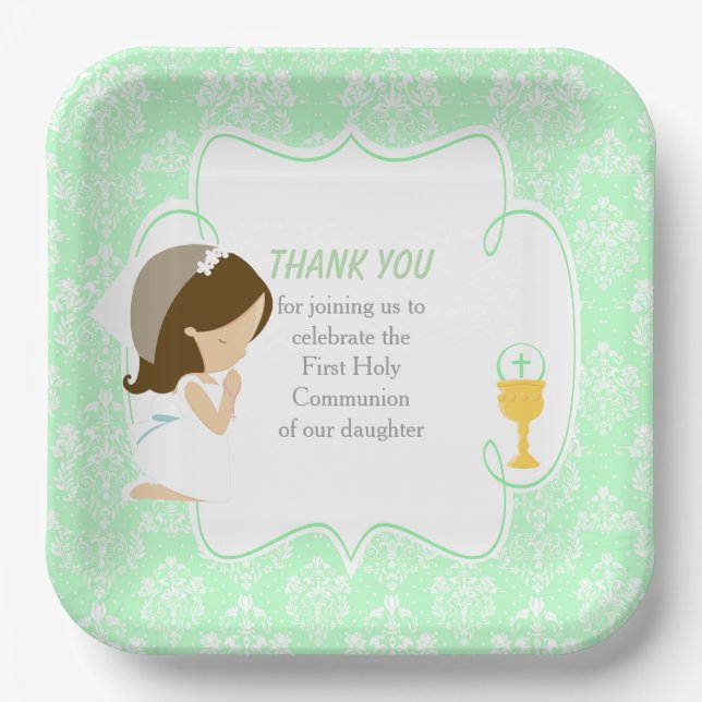 First Communion Brunette Girl Green Damask Paper Plates (Front)