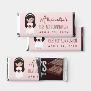 First Communion Brunette Girl in White Dress Pink Hershey Bar Favors