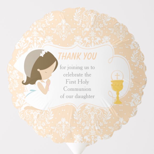 First Communion Brunette Girl Peach Damask Balloon (Front)