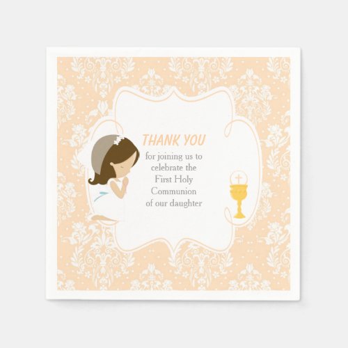 First Communion Brunette Girl Peach Damask
