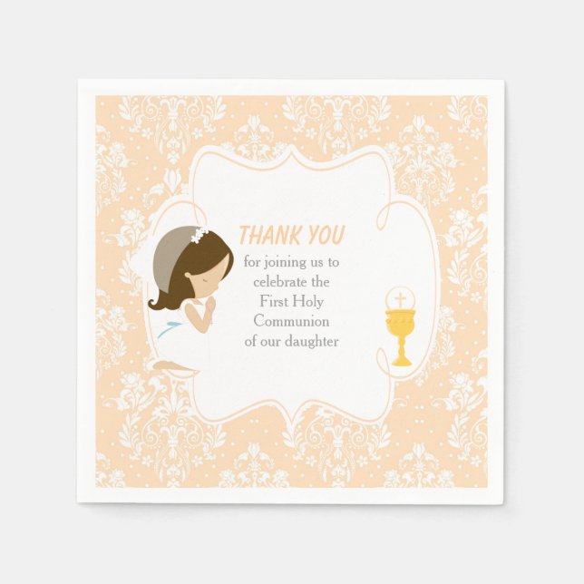 First Communion Brunette Girl Peach Damask Napkins (Front)