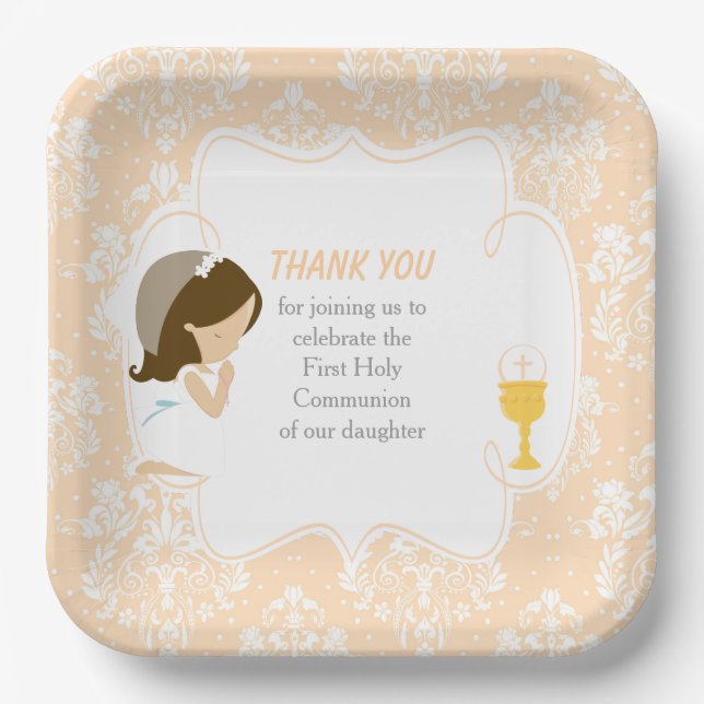 First Communion Brunette Girl Peach Damask Paper Plates (Front)