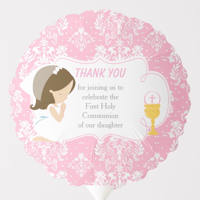 First Communion Brunette Girl Pink Damask Balloon (Front)