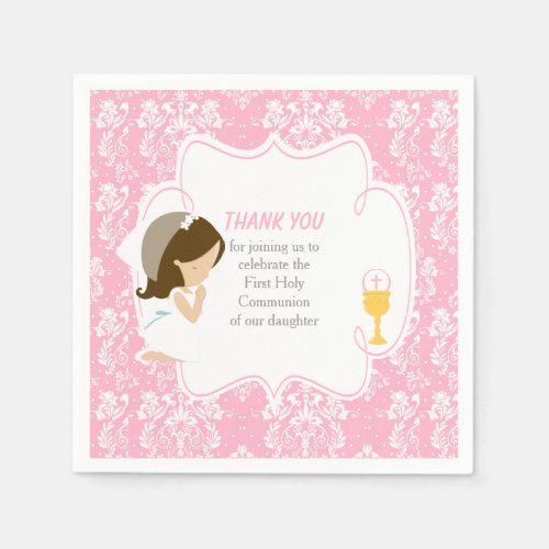 First Communion Brunette Girl Pink Damask