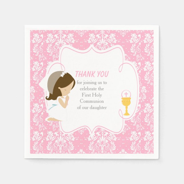 First Communion Brunette Girl Pink Damask Napkins (Front)