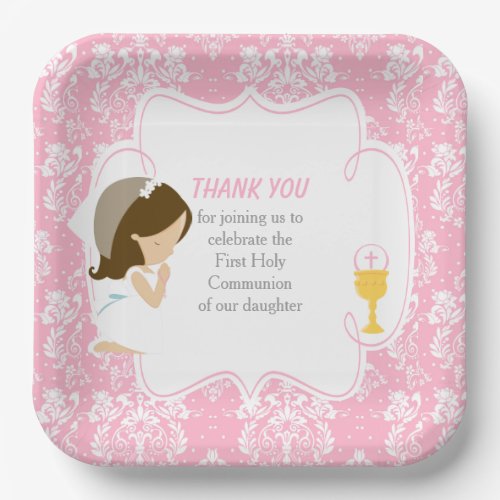 First Communion Brunette Girl Pink Damask
