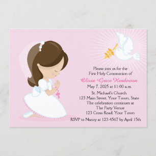 First Communion, Brunette Girl, Pink Invitation
