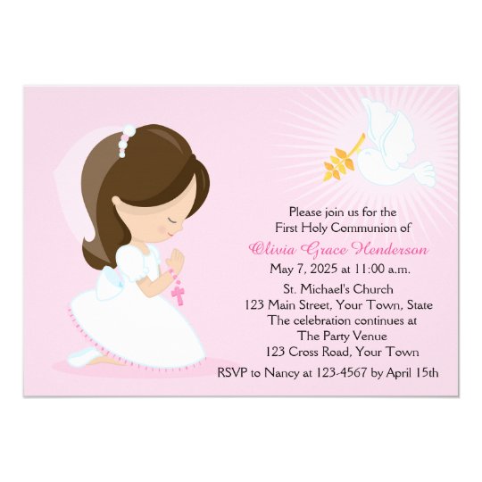 First Communion Brunette Girl Pink Invitation Zazzle Com