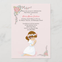 First Communion Brunette Girl Pink Invitation