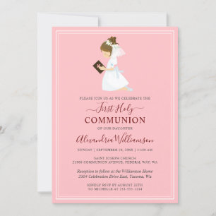 First Communion Brunette Girl Pink Invitation