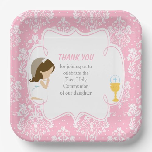 First Communion Brunette girl Pink Paper Plates