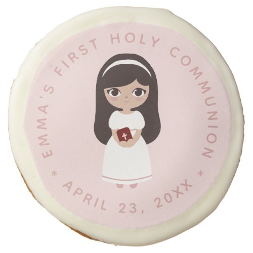 First Communion Brunette Girl Pink White Cute Sugar Cookie