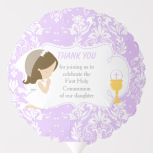 First Communion Brunette Girl Purple Damask Balloon