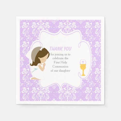 First Communion Brunette Girl Purple Damask