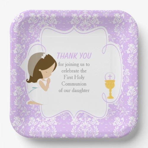 First Communion Brunette Girl Purple Damask