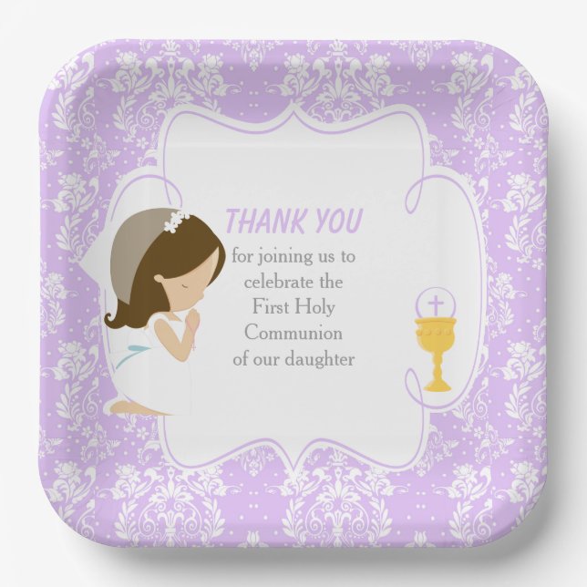 First Communion Brunette Girl Purple Damask Paper Plates (Front)