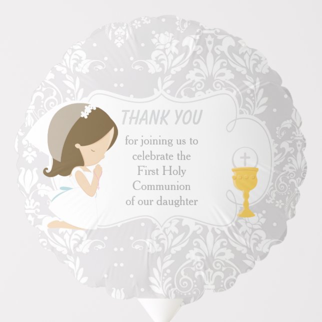 First Communion Brunette Girl Silver Damask Balloon (Front)