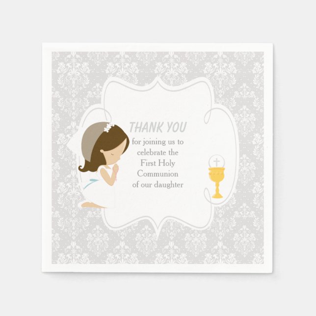 First Communion Brunette Girl Silver Damask Napkins (Front)