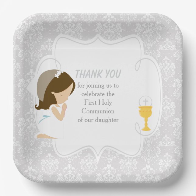 First Communion Brunette Girl Silver Damask Paper Plates (Front)