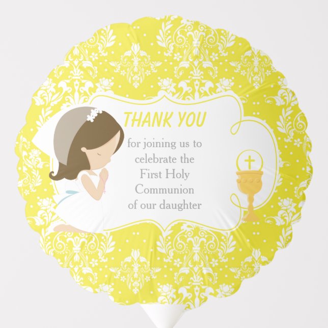 First Communion Brunette Girl Yellow Damask Balloon (Front)