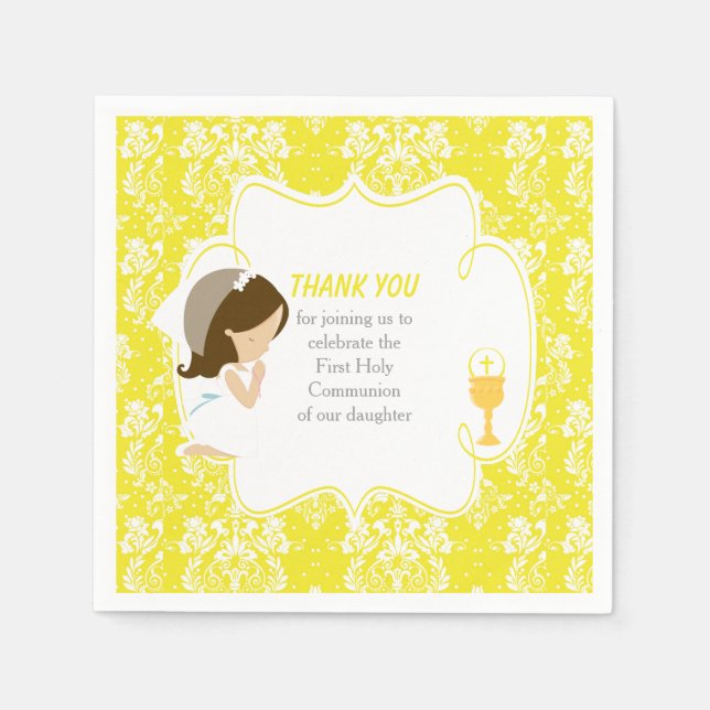 First Communion Brunette Girl Yellow Damask Napkins (Front)