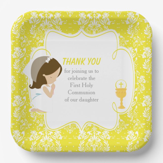 First Communion Brunette Girl Yellow Damask Paper Plates (Front)