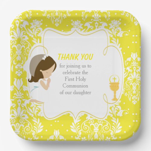 First Communion Brunette Girl Yellow Damask Paper Plates