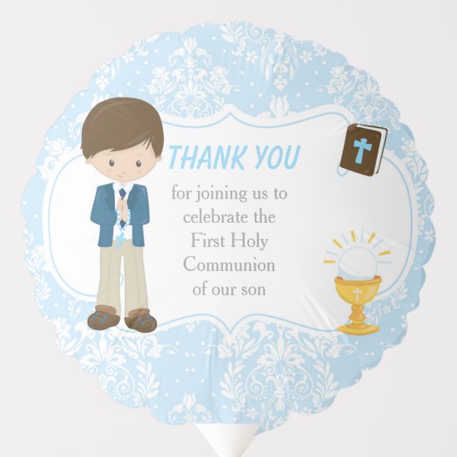 First Communion Brunette Hair Boy Thank You Balloon (Front)