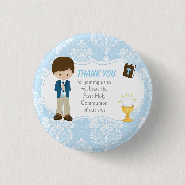 First Communion Brunette Hair Boy Thank You Button (Front)