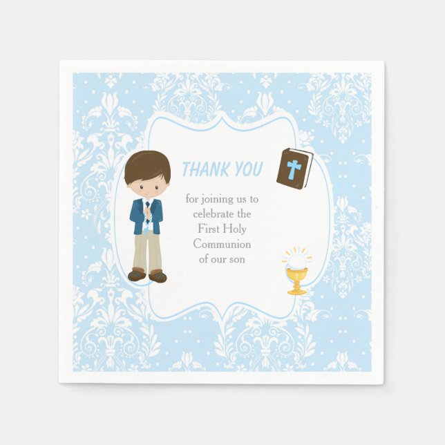 First Communion Brunette Hair Boy Thank You Napkins (Front)